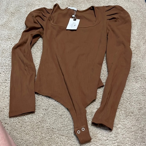 NWT Square Neck Puff Long Sleeve Ribbed Slimming Thong Bodysuit Tops Jumpsuit - Picture 4 of 6
